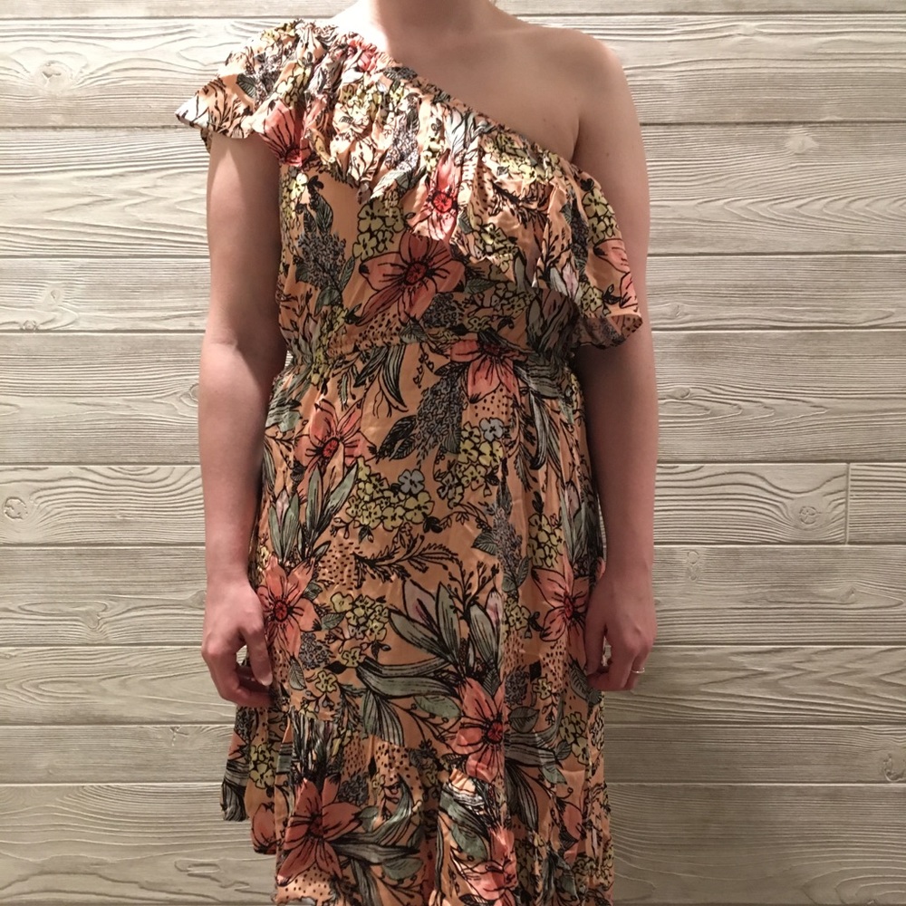MINKPINK XS one shoulder coral tropical dress.